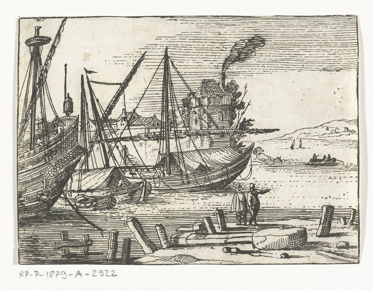 Vista do porto com dois veleiros e um galeão, dois homens em pé no cais Paisagens e Marines (título da série) de Cornelis Bol (attributed to)