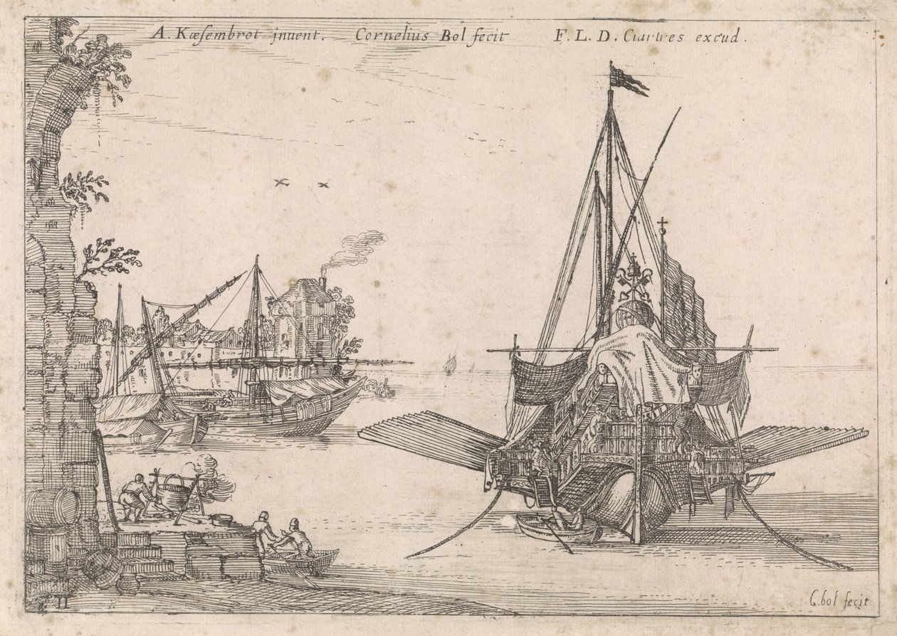 Galei está ancorado em uma baía Vistas do porto (título da série) de Cornelis Bol