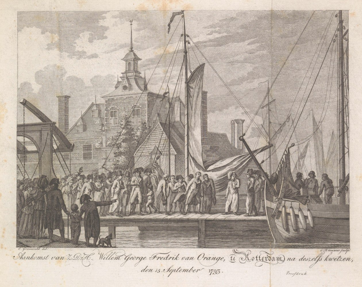 Chegada do príncipe ferido Willem George Frederik em Rotterdam, 1793 Chegada de Z.D.H. Willem George Fredrik van Oranje, em Rotterdam, após seus ferimentos, 15 de setembro de 1793 (título no objeto) de Cornelis Brouwer