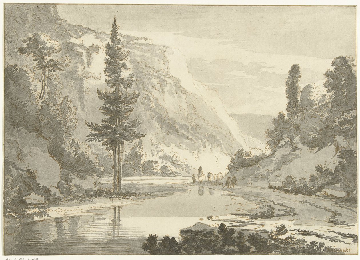 Paisagem de montanha com pastores nas margens de um rio de Cornelis Brouwer