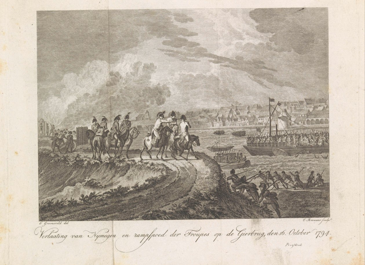 Despachos franceses de tropas em fuga no Gierbrug, 1794
Derrota de Nymegen e desastre das tropas em Gierbrug, 16 de Outubro de 1794 (título sobre o objecto) de Cornelis Brouwer