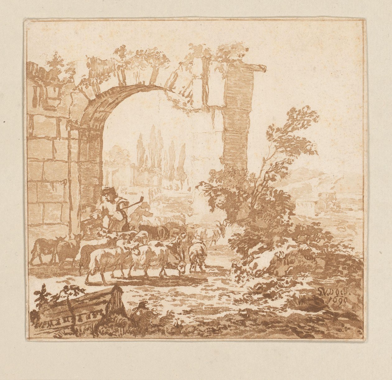 Rebanho de cabras em um portão de Cornelis Brouwer