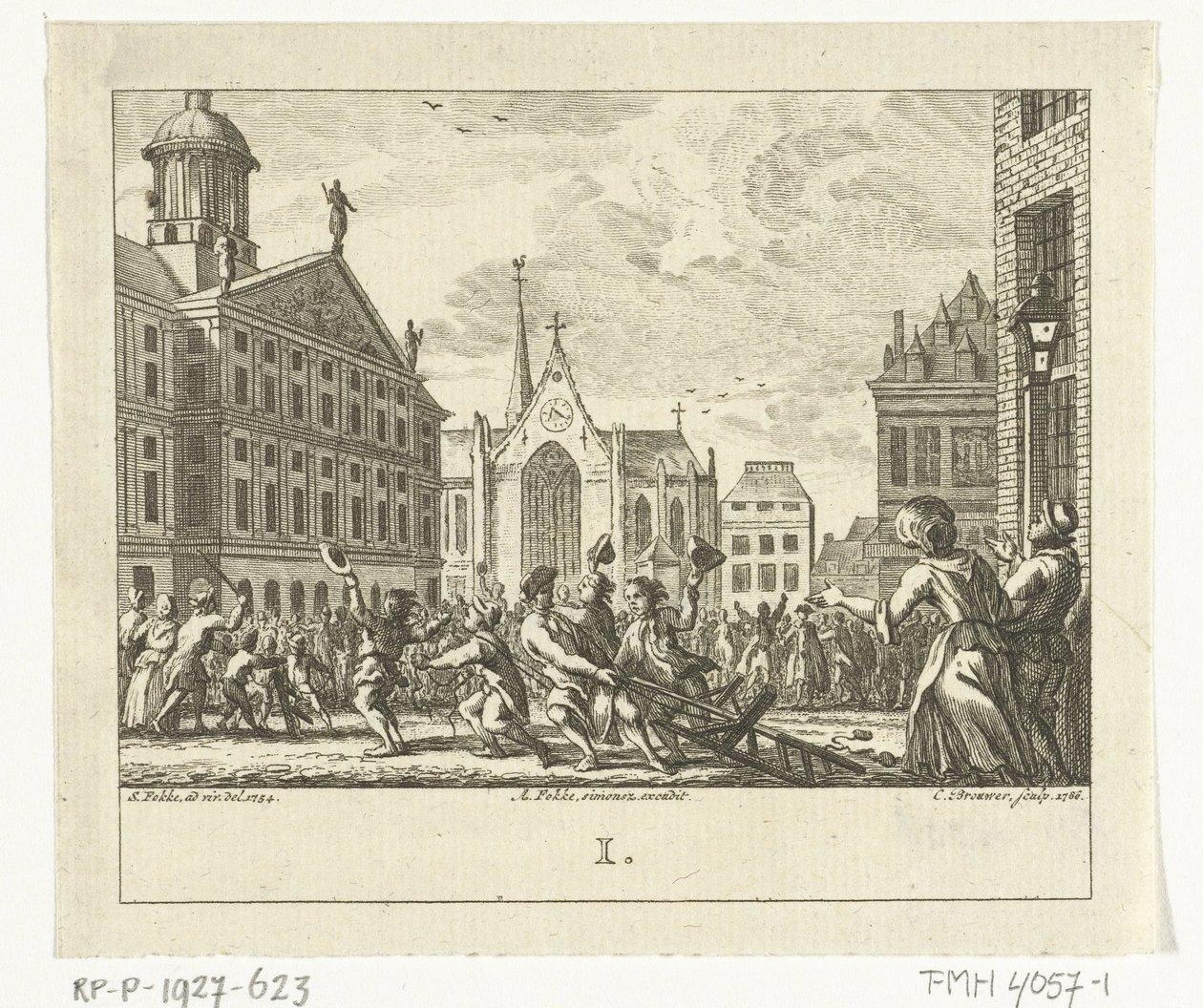 Motim no funeral de Daniël Raap na Praça da Barragem em Amesterdão em 1754 de Cornelis Brouwer