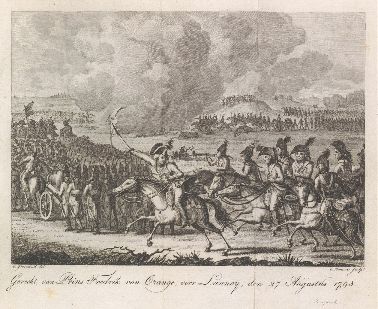 Príncipe William George Frederick na batalha de Lannoy, 1793
Batalha do Príncipe Frederick de Orange, antes de Lannoy, cova 27. Agosto 1793 (título sobre o objecto) de Cornelis Brouwer
