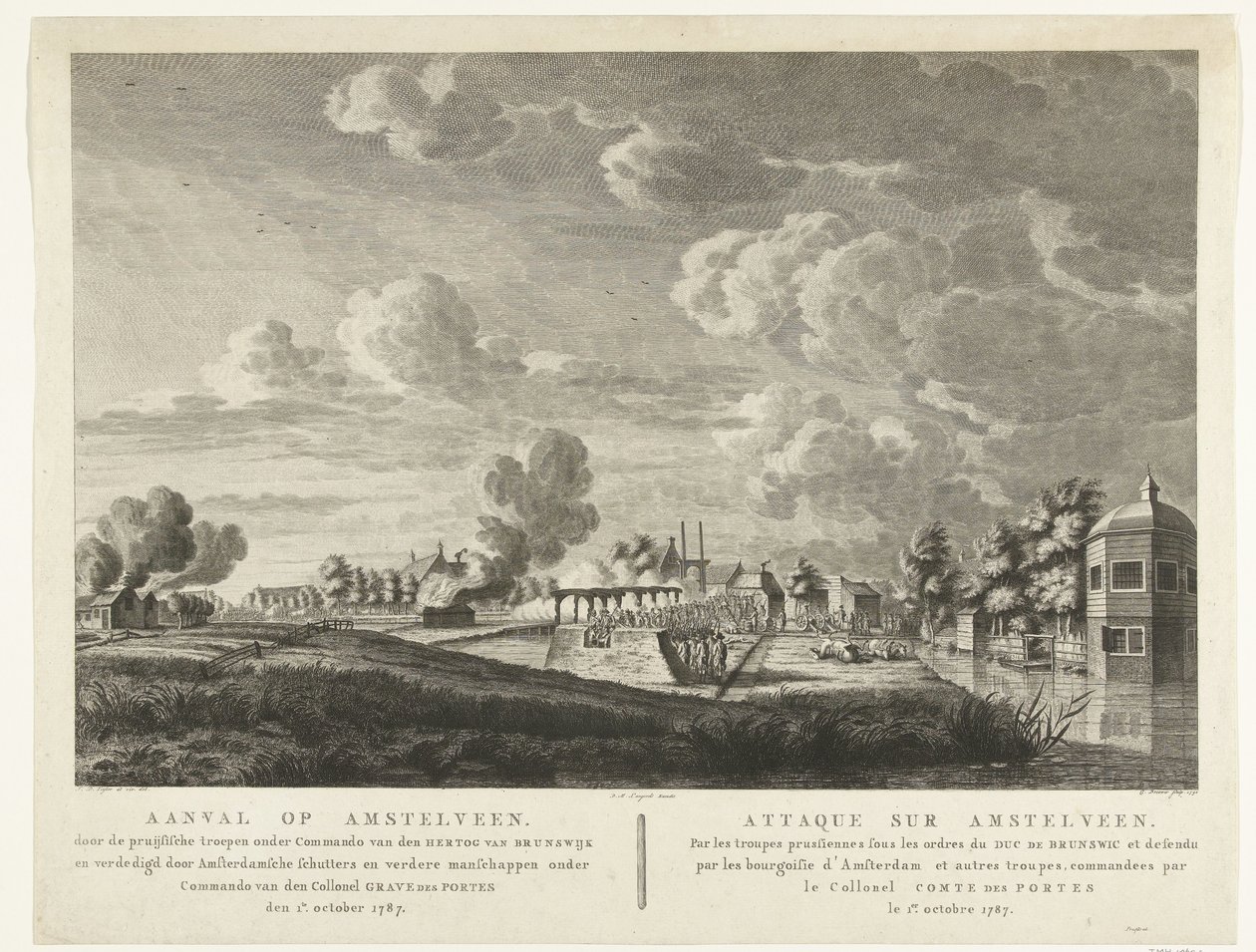 Tropas prussianas atacam Amstelveen defendida por artilheiros de Amsterdão em 1 de Outubro de 1787
Ataque à Amstelveen ... den 1te de outubro de 1787 (título sobre o objecto)
Attaque sur Amstelveen ... le 1er. octobre 1787 (título sobre o objecto) de Cornelis Brouwer