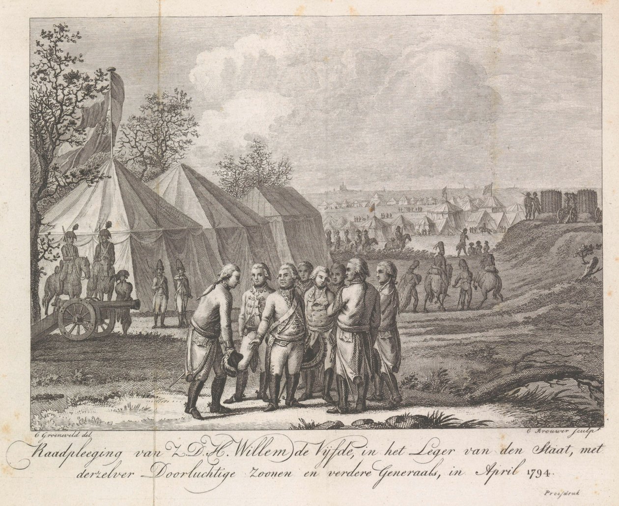 William V com seus filhos no acampamento do exército, 1794 Consulta de Z.D.H. Guilherme Quinto, no Exército do Estado, com Seus Serenes Filhos e Outros Generais, em abril de 1794 (título no objeto) de Cornelis Brouwer