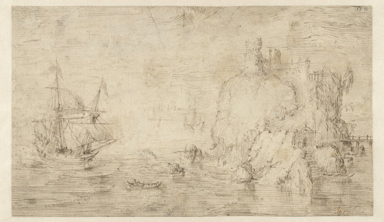 Paisagem marítima com um navio perto de uma ilha de Cornelis Claesz van Wieringen (attributed to)