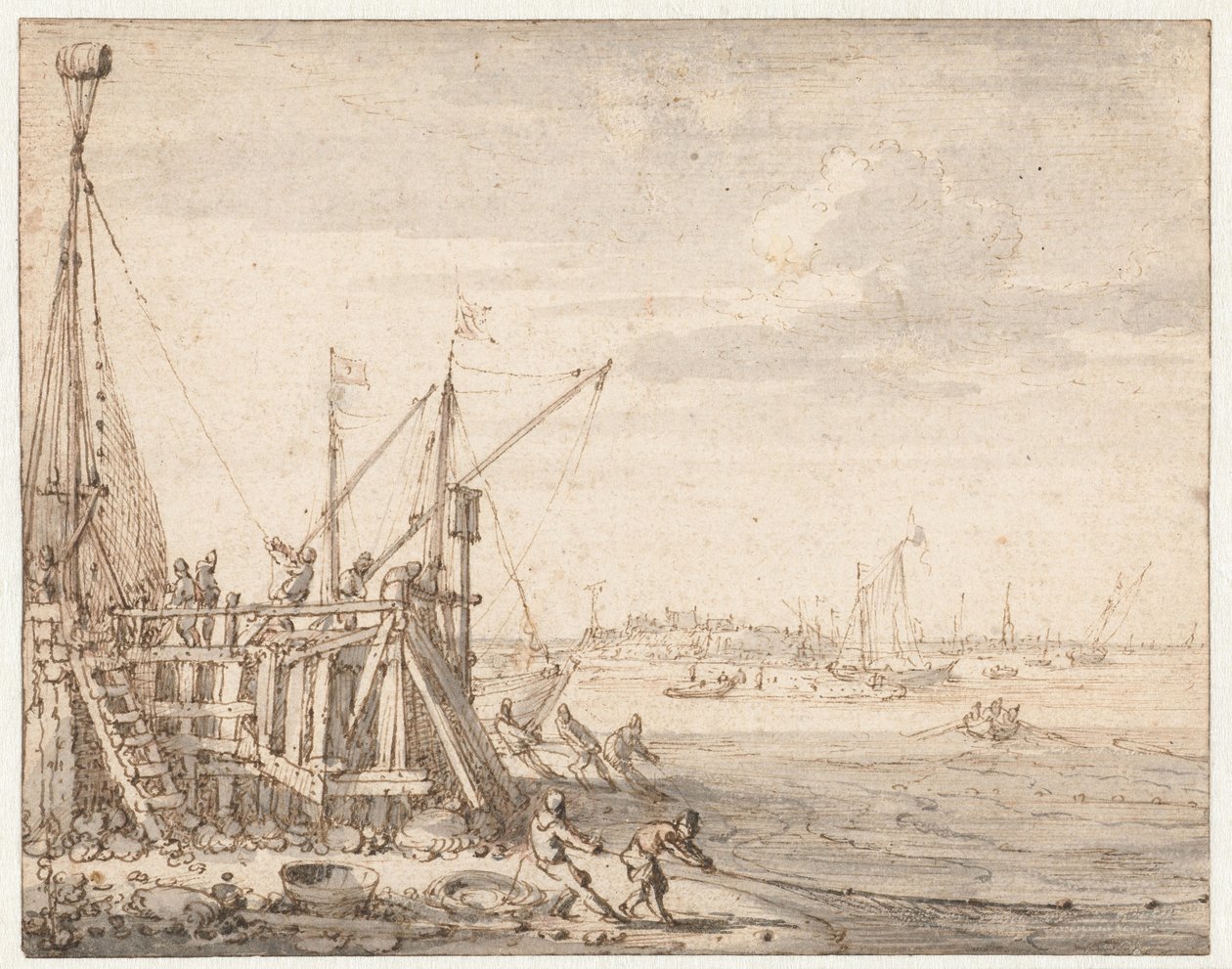 Molhe do porto com os pescadores a puxar nas suas redes de Cornelis Claesz  van Wieringen