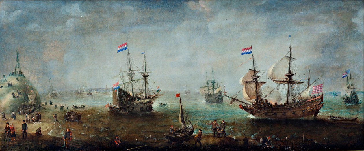 Marinha (óleo sobre madeira) de Cornelis Claesz  van Wieringen