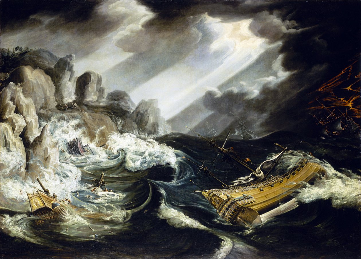 O naufrágio do navio "Amsterdam", dois navios que se chocam contra rochedos em alto mar durante uma tempestade de Cornelis Claesz  van Wieringen