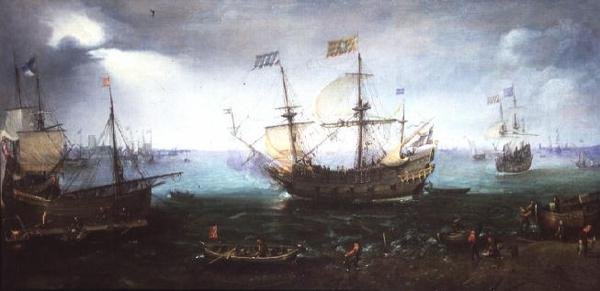 Três Mestres que disparam uma saudação no Maas em Dordrecht de Cornelis Claesz  van Wieringen