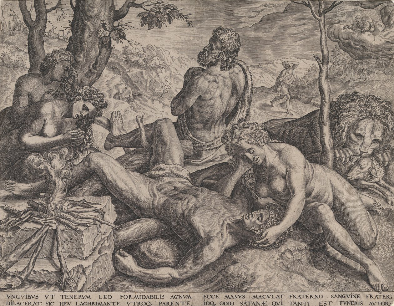 Adão e Eva lamentando a morte de Abel, 1564. de Cornelis Cort