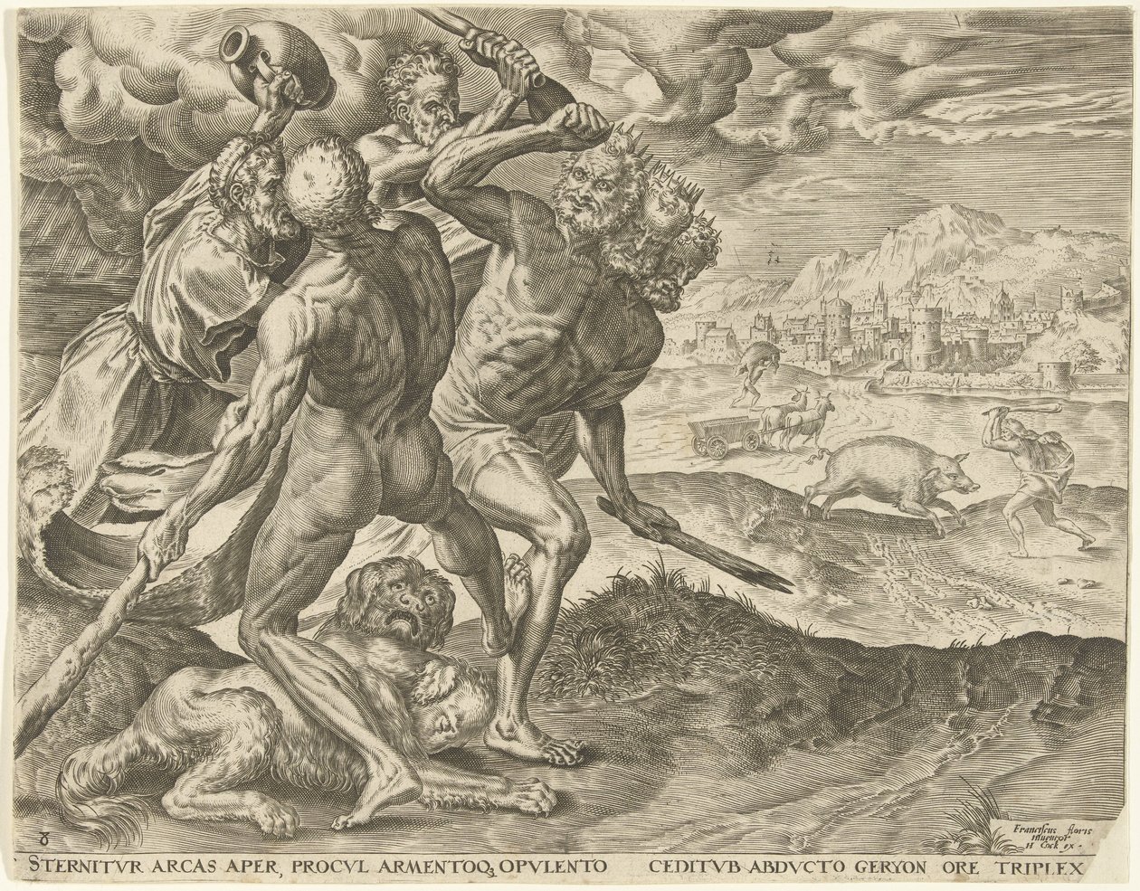 Hércules mata Geryon e o seu cão
Obras de Hércules (título da série) de Cornelis Cort