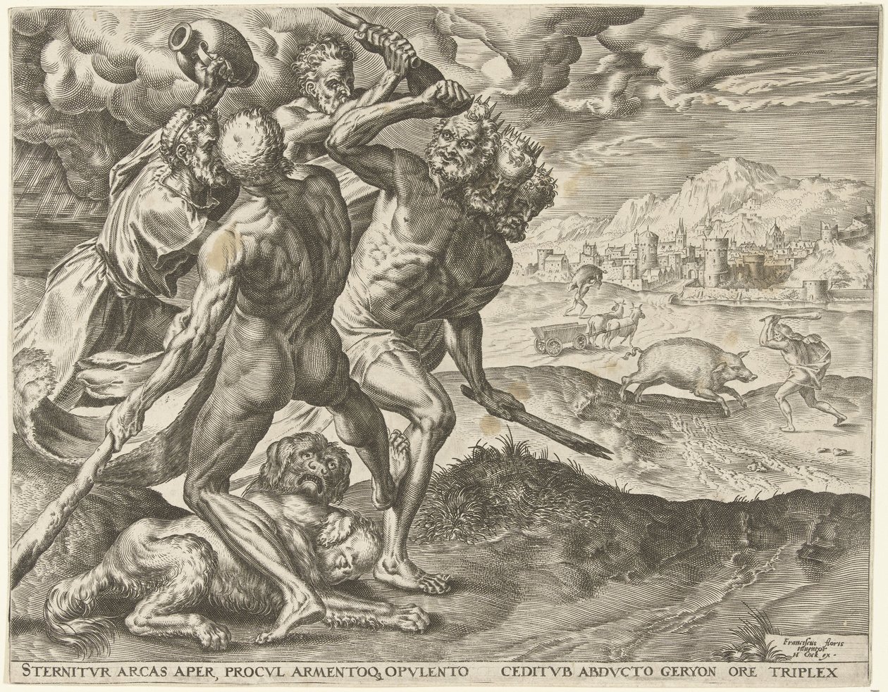Hércules mata Geryon e o seu cão
Obras de Hércules (título da série) de Cornelis Cort