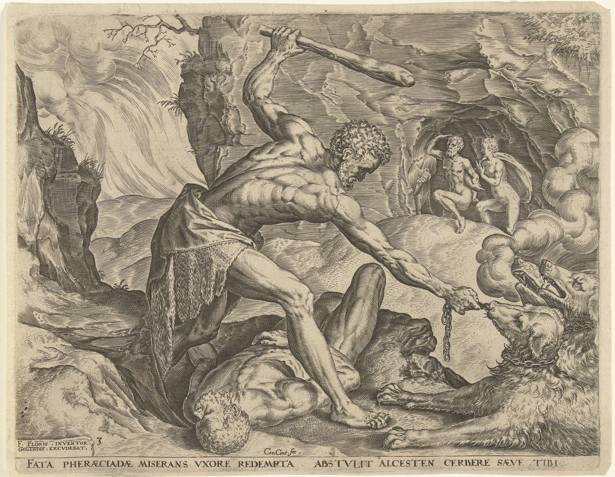 Hércules arrasta Cerberus para fora do inferno Trabalhos de Hércules (título da série) de Cornelis Cort