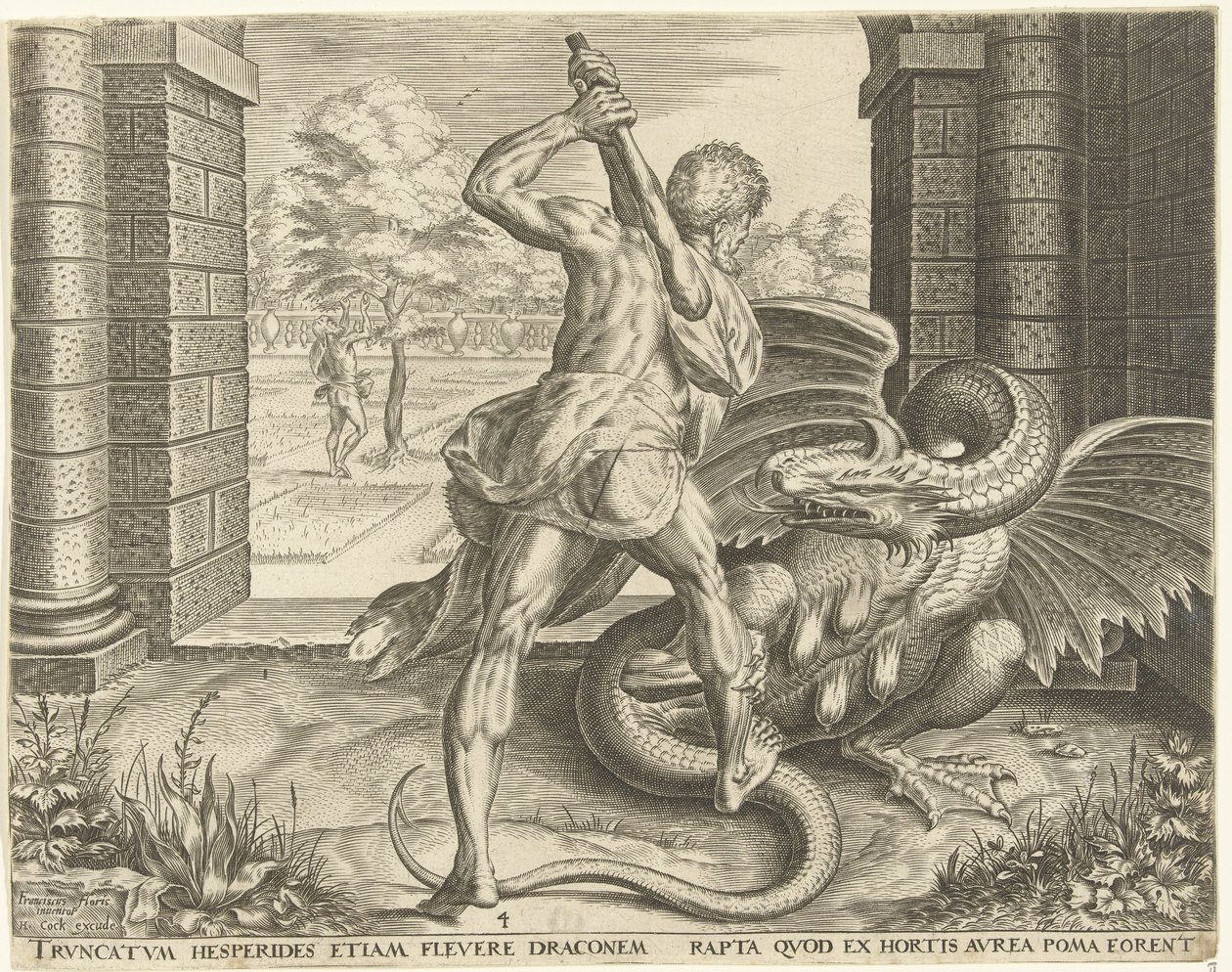 Hércules rouba as maçãs de ouro das Hespérides Trabalhos de Hércules (título da série) de Cornelis Cort