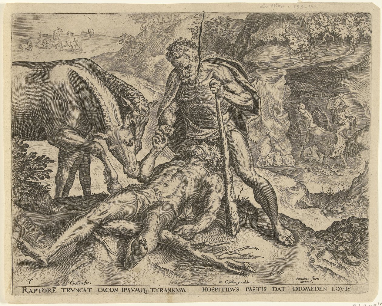 Hércules alimenta Diomedes para seus cavalos Trabalhos de Hércules (título da série) de Cornelis Cort