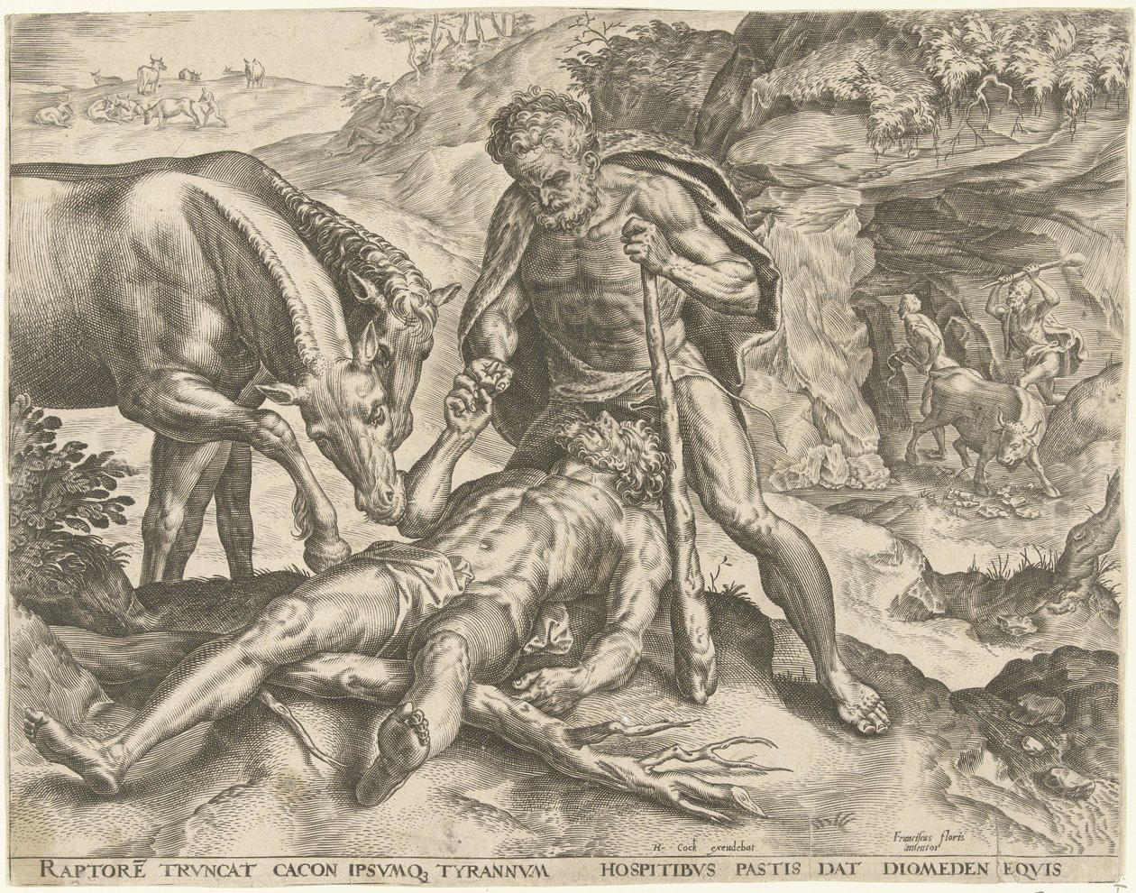 Hércules alimenta Diomedes para seus cavalos Trabalhos de Hércules (título da série) de Cornelis Cort
