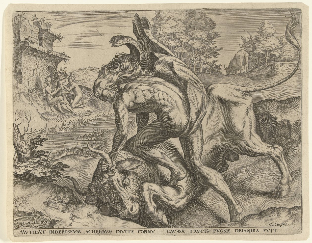 Hércules luta com Aqueloo Trabalhos de Hércules (título da série) de Cornelis Cort