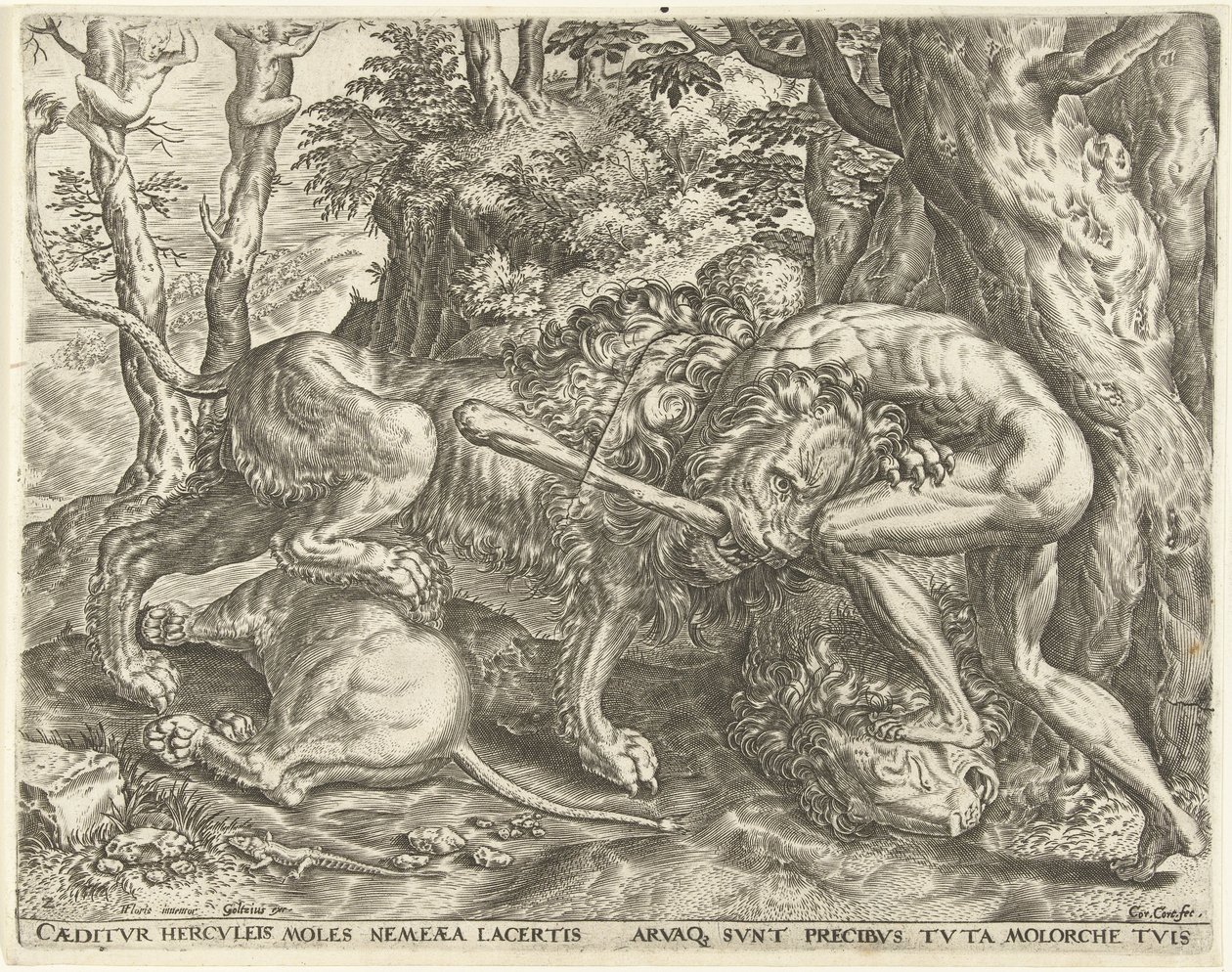 Hércules estrangula o leão Nemean
Obras de Hércules (título da série) de Cornelis Cort