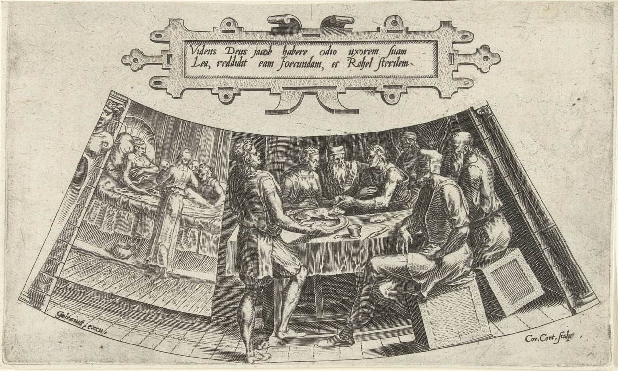 O casamento de Jacob e Leah e o nascimento do seu primeiro filho
A história de Jacob (título da série) de Cornelis Cort