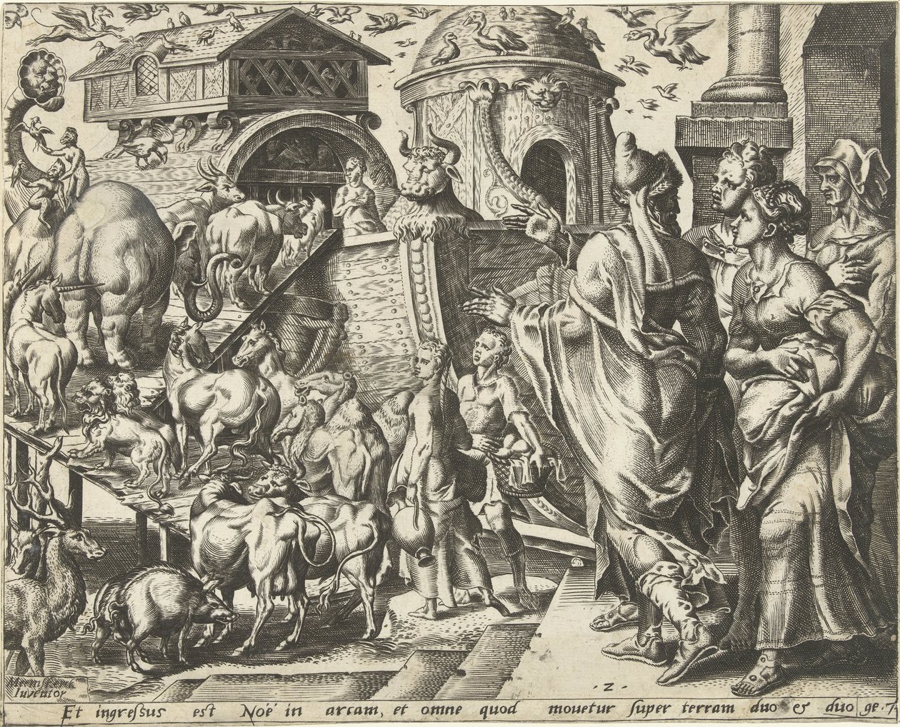 Noé embarca na arca com a sua família e os animais
A história de Noé (título da série) de Cornelis Cort
