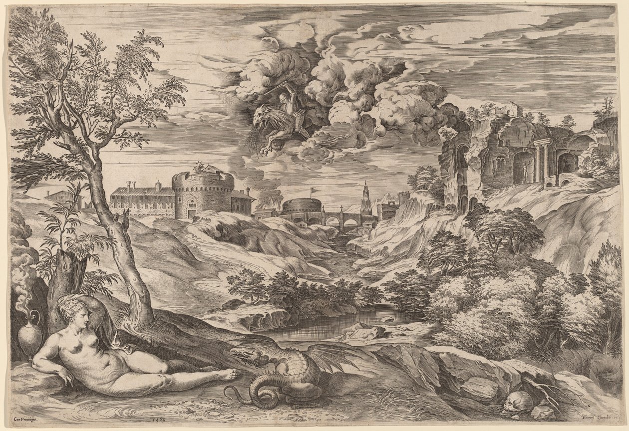 Paisagem com Roger Liberating Angelica de Cornelis Cort after Titian