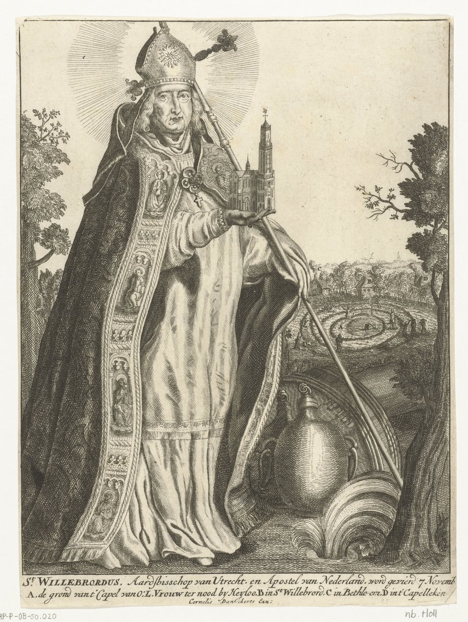 Saint Willibrord como arcebispo com modelo de igreja de Dom em Utrecht St. Willebrord (título no objeto) de Cornelis Danckerts (I)