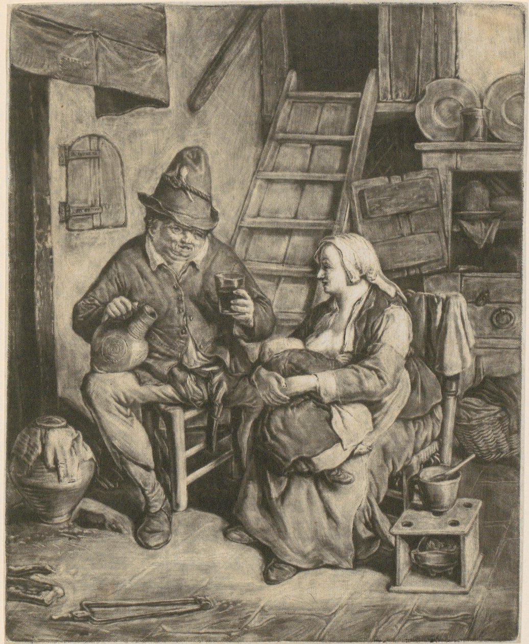 Um agricultor numa casa de campo, ao seu lado uma mulher a amamentar de Cornelis Dusart
