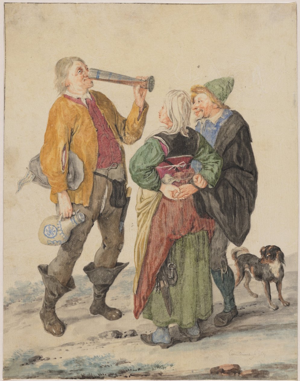 Homem que bebe observado por um casal e um cão de Cornelis Dusart
