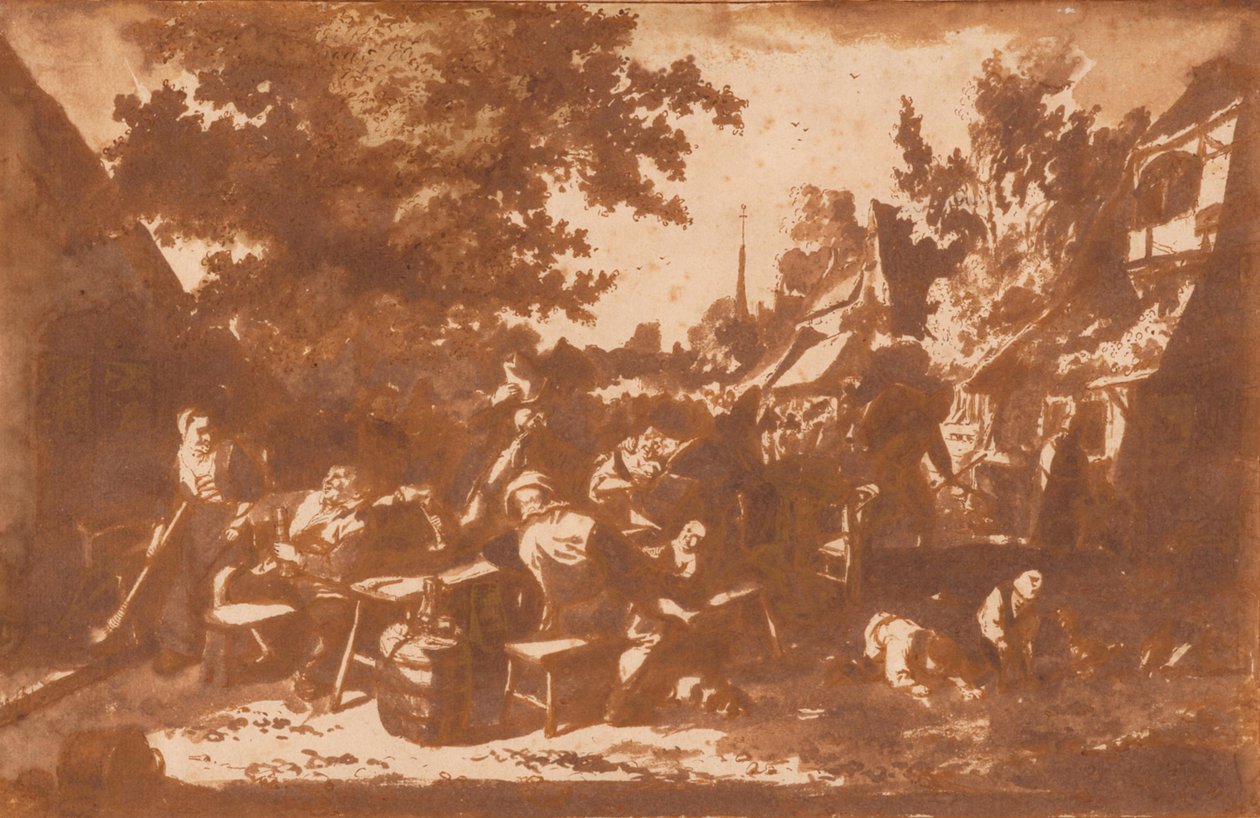Uma rua de aldeia com camponeses a beber de Cornelis Dusart