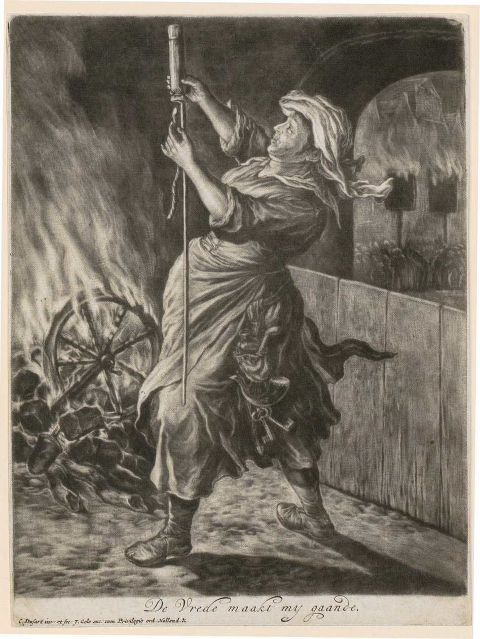 Uma mulher acende um foguete luminoso, estampa 5 da série «Alegria geral pelo cerco de Namur por Guilherme III, 1695» de Cornelis Dusart