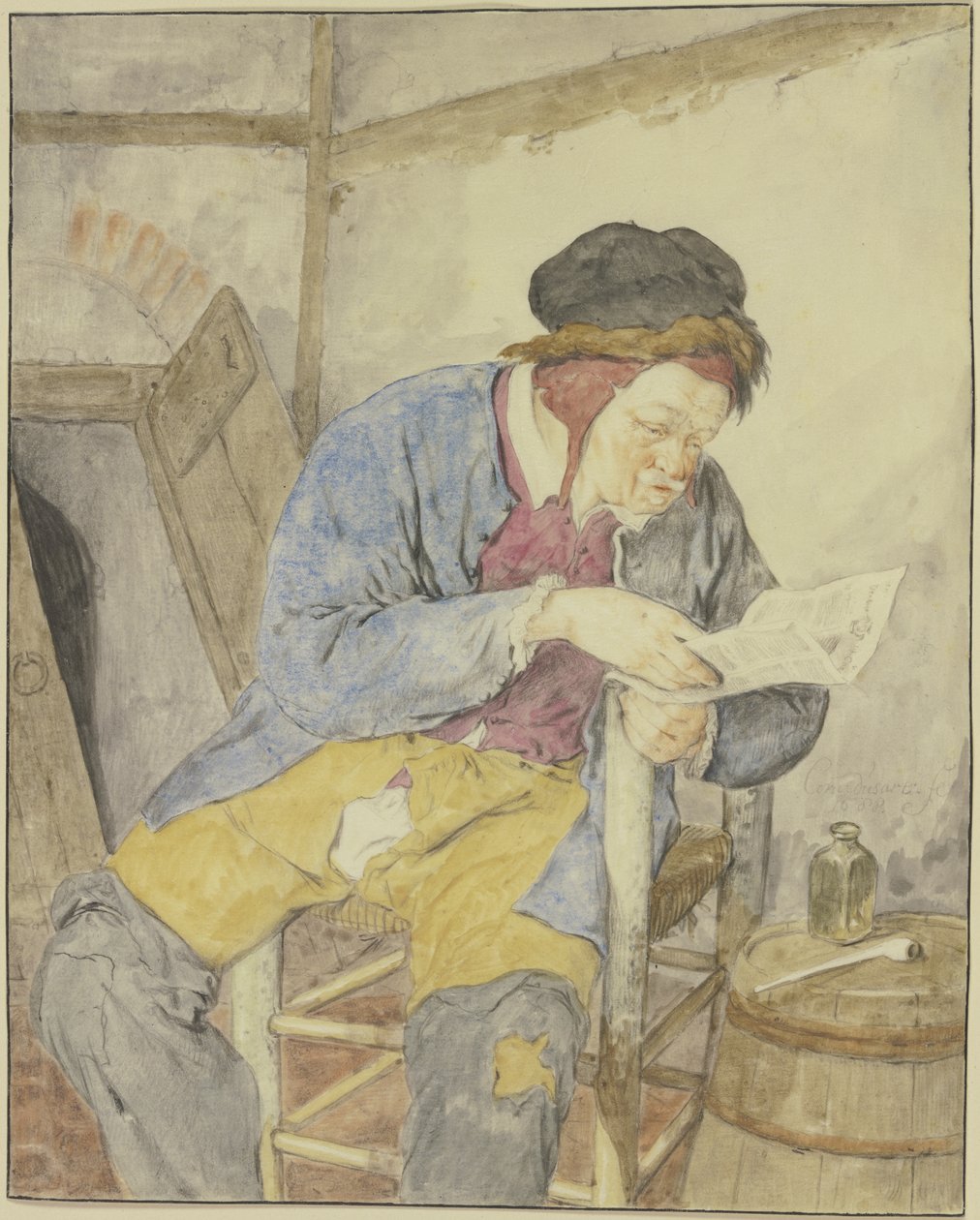 Leitor de jornal junto a um barril de Cornelis Dusart