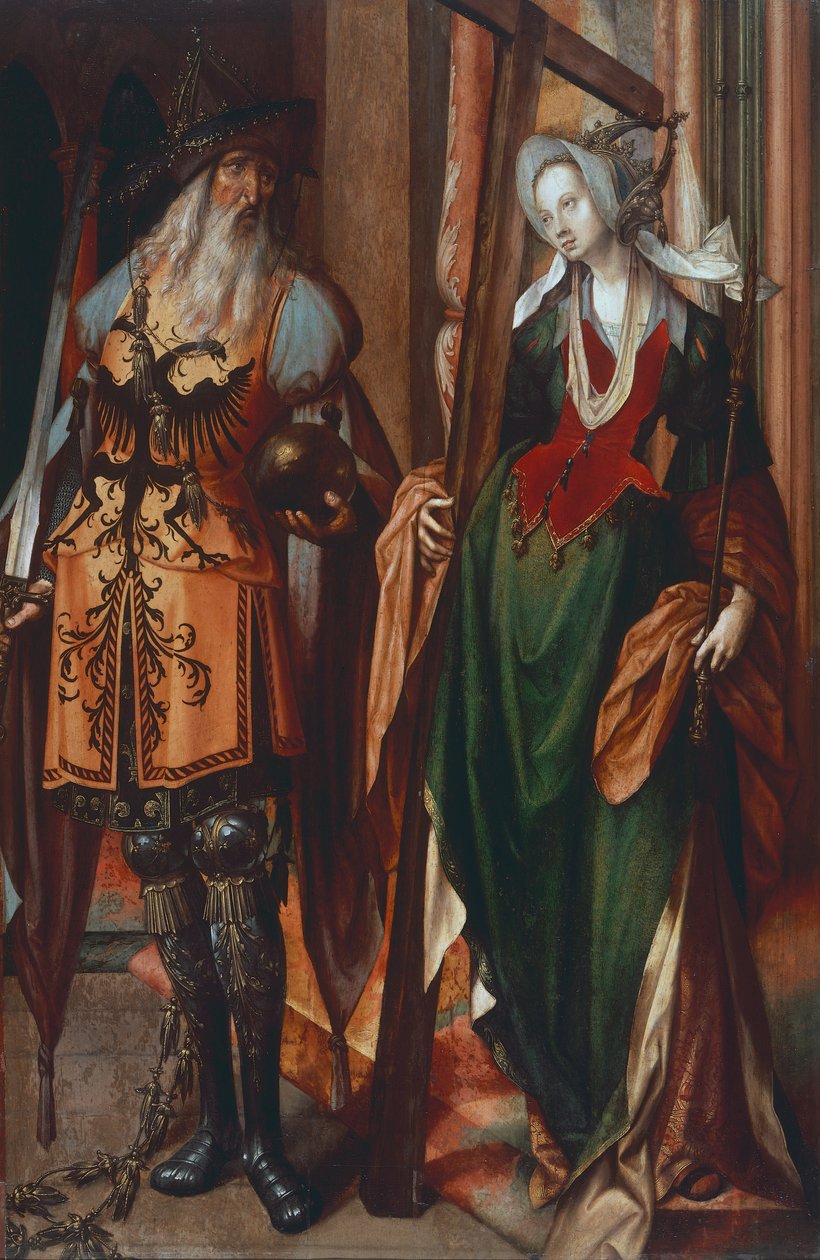 O Imperador Constantino e Santa Helena, pintado em madeira de Cornelis Engebrechtsz