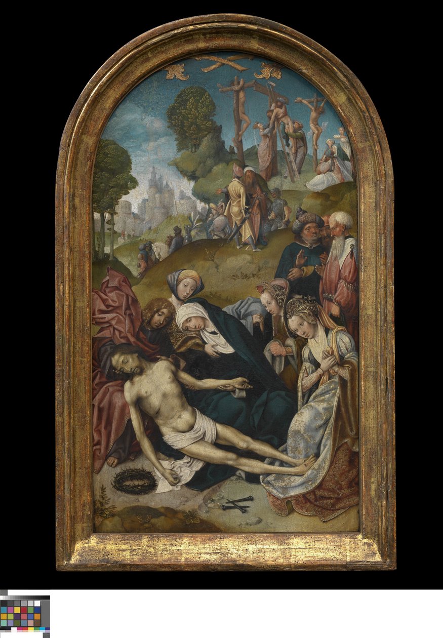 A lamentação; no fundo, a diminuição da cruz de Cornelis Engebrechtsz.