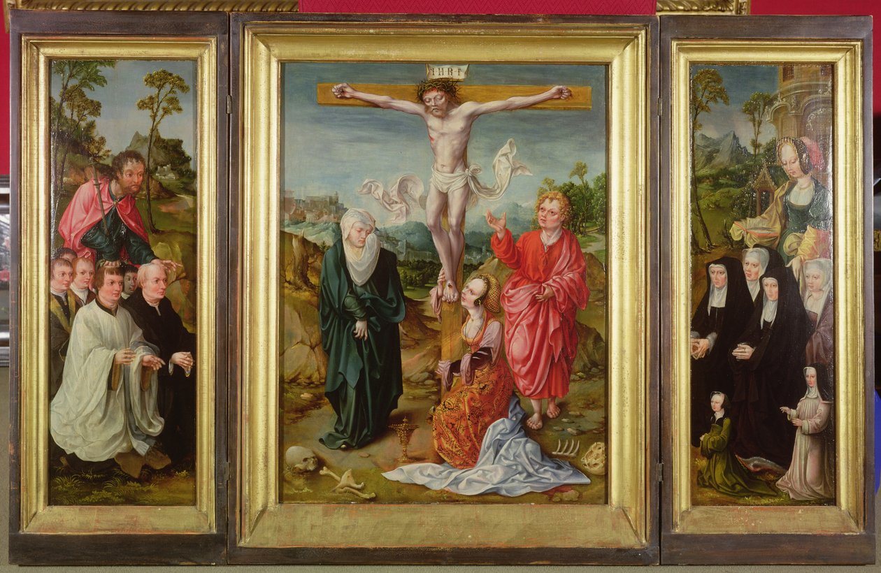 Tríptico da Crucificação: Santa Bárbara com os doadores (ala direita); São Tiago Maior com os doadores (ala esquerda); A Crucificação (centro) de Cornelis Engebrechtsz