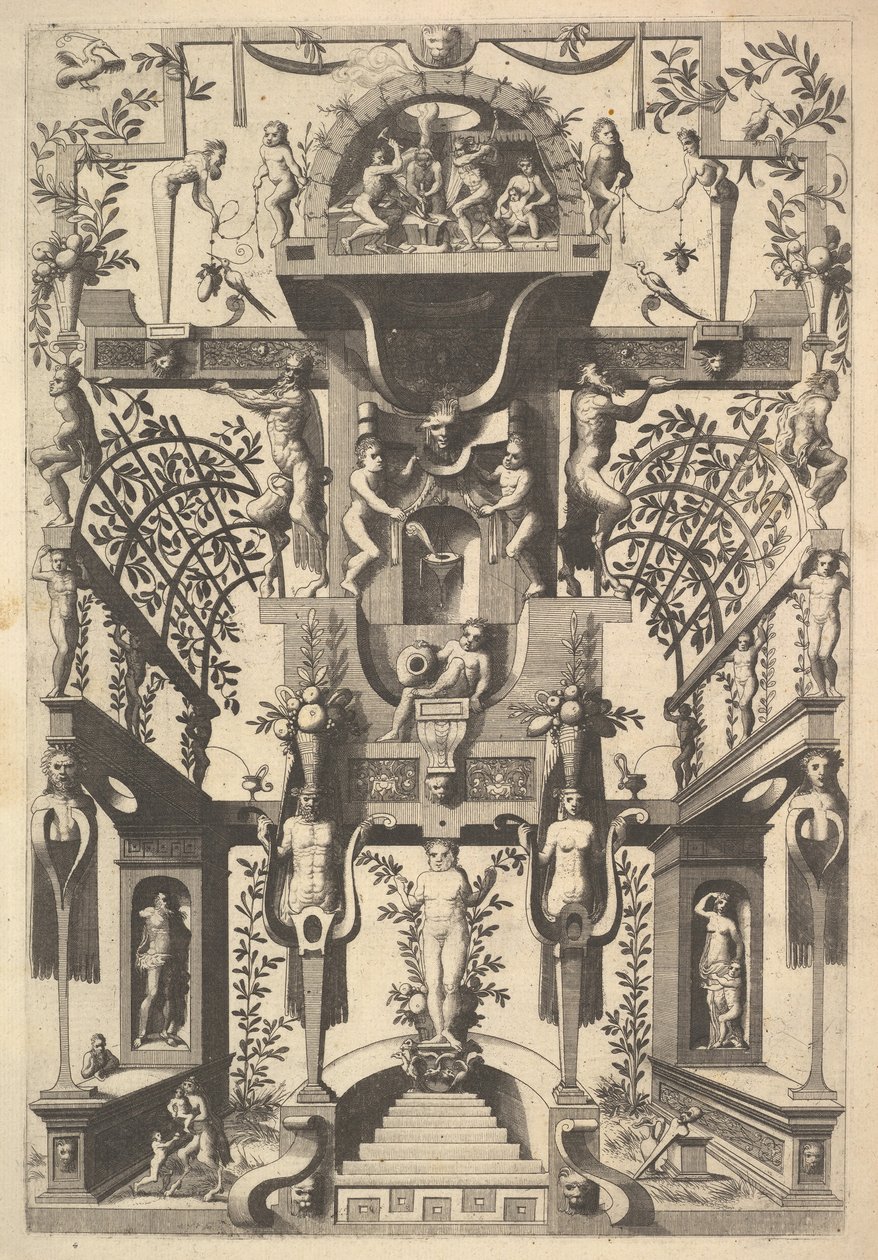 Fantástica Estrutura arquitetônica com Strapwork e Duas Pérgulas e uma Pequena Cena com Vu..., 1557. de Cornelis Floris Ii