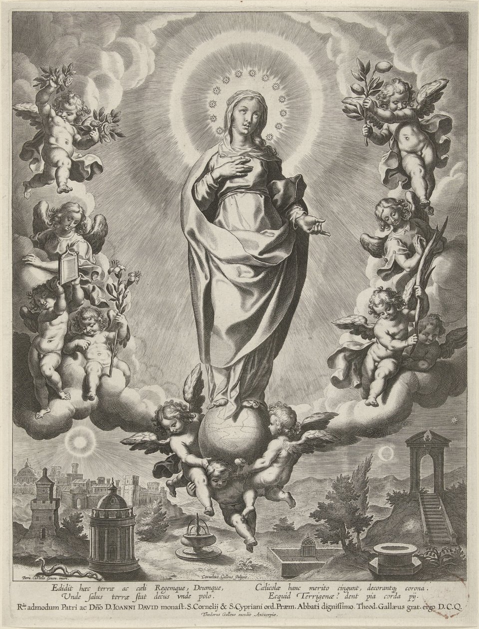 Maria sobre um globo rodeada de anjos de Cornelis Galle (I)