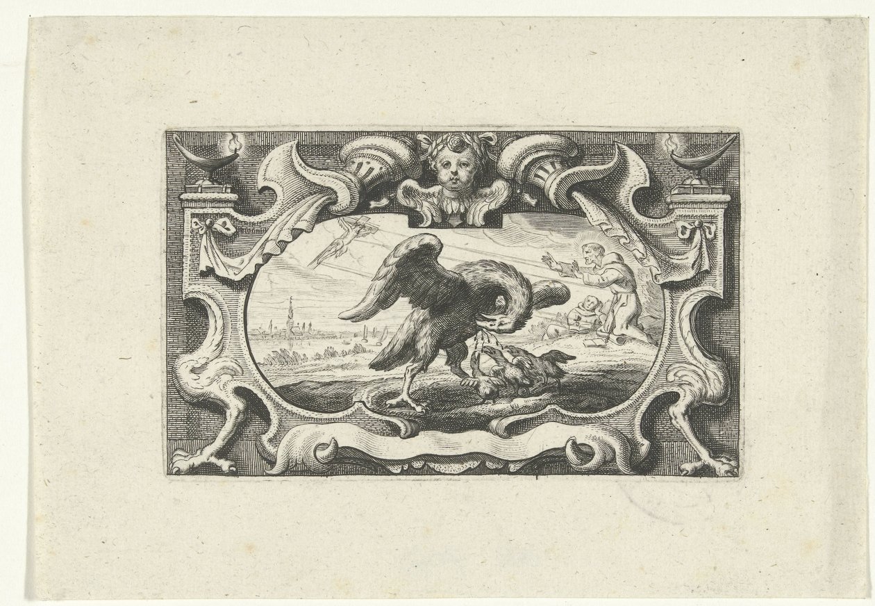 Vinheta mostrando o pelicano a alimentar as suas crias com o seu próprio sangue de Cornelis Galle (II) (attributed to)