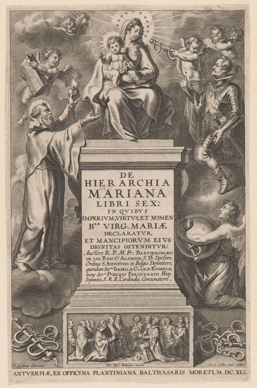 Maria entronizada com o Menino Folha de rosto para: B. de los Rios, De hierarchia Mariana libri sex, Antuérpia: 1641 de Cornelis Galle (II)