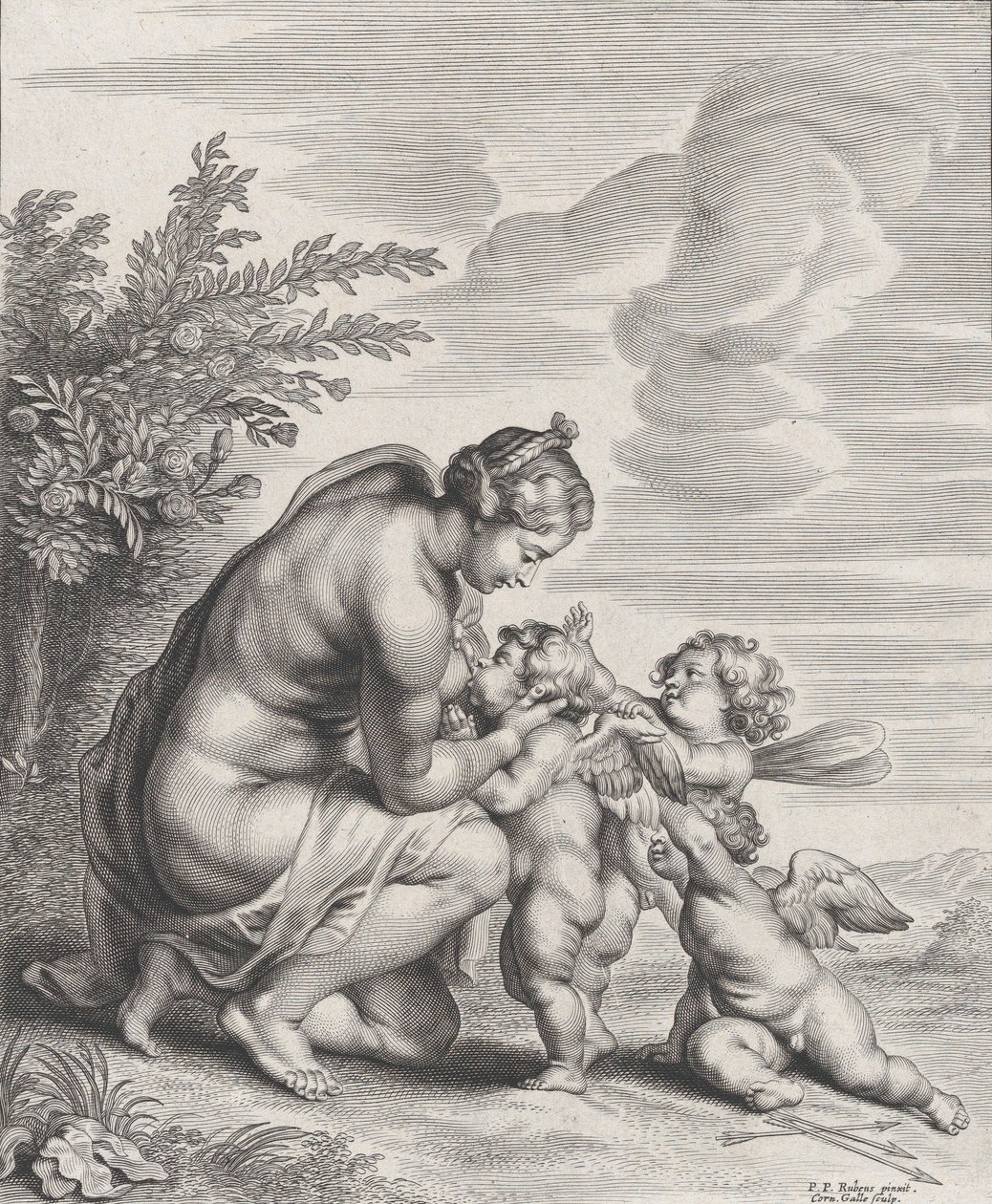 Vênus amamentando três Cupidos em uma paisagem, ca. 1627-78. de Cornelis Galle II