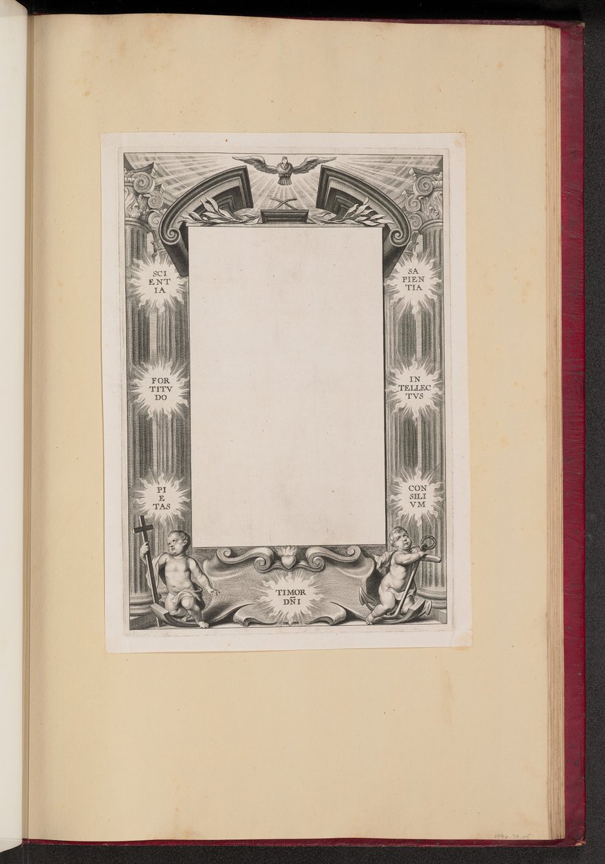 Ilustração de fronteira com dois putti "ciência, fortaleza, piedade, medo-DNI, sabedoria, intelecto e estratégia" de Cornelis Galle I