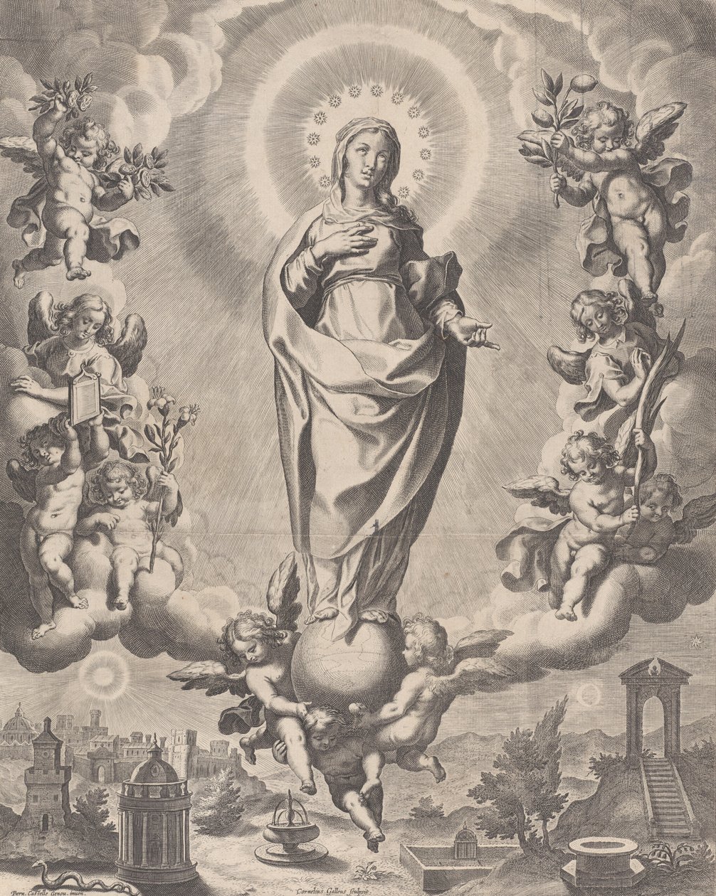 A Virgem na Glória, de pé sobre as nuvens e rodeada de anjos segurando os símbolos..., 1595-1633. de Cornelis Galle I
