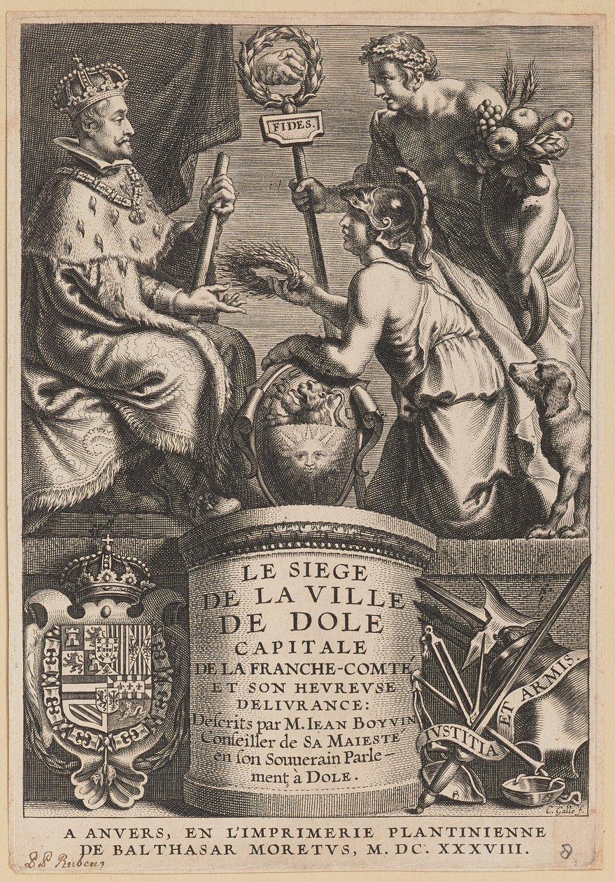 Página de título para Jean Boyvin, O cerco da cidade de Dole de Cornelis Galle I after Erasmus Quellinus II after Sir Peter Paul Rubens