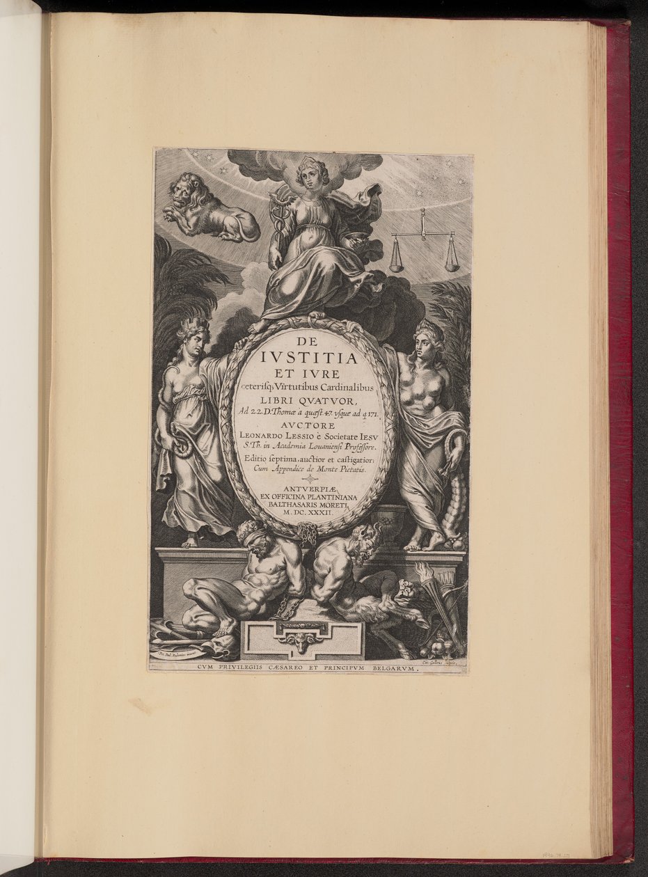 Página de rosto para Leonard Lessius, De Ivstitia et Ivre de Cornelis Galle I after Sir Peter Paul Rubens