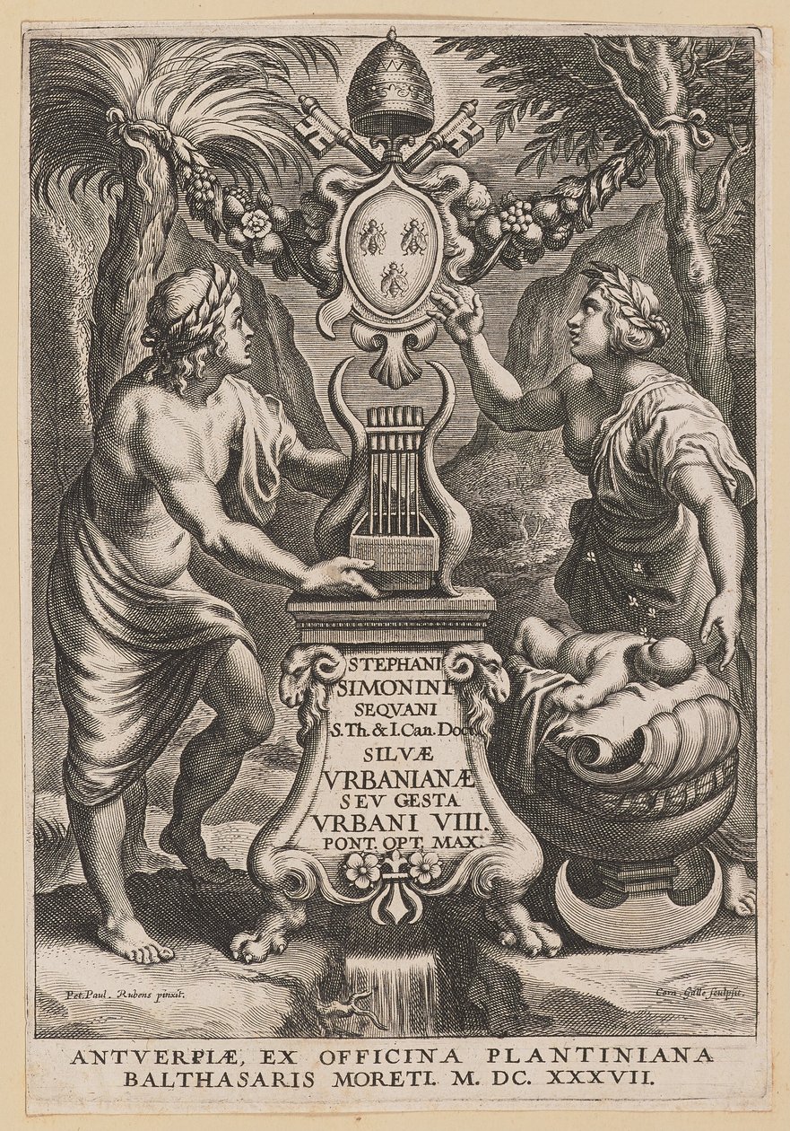Página de rosto para Stephanus Simonini, Silvae Urbaninae de Cornelis Galle I after Sir Peter Paul Rubens