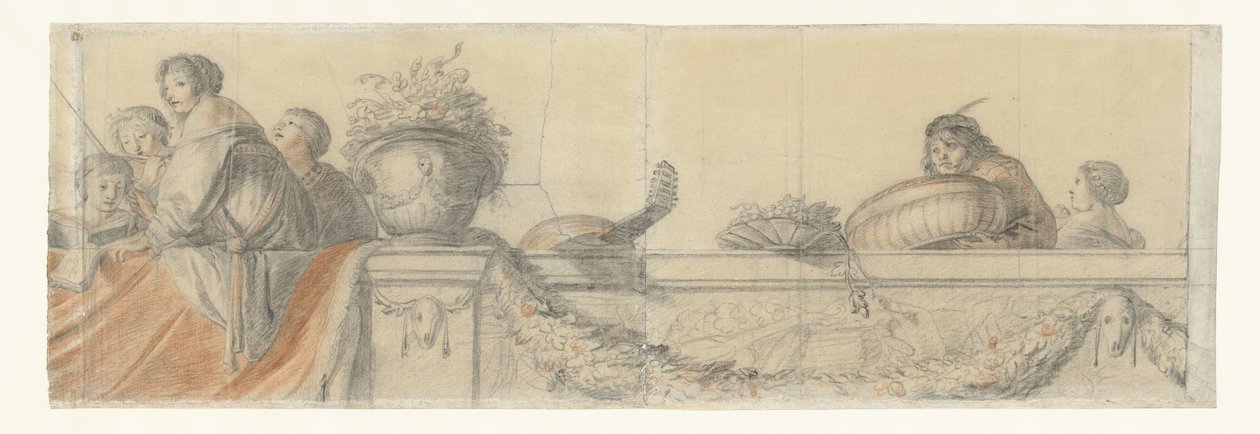 Pessoas numa balaustrada com festoons
Desenhos para murais no castelo de Honselaersdijk (título da série) de Cornelis Holsteyn