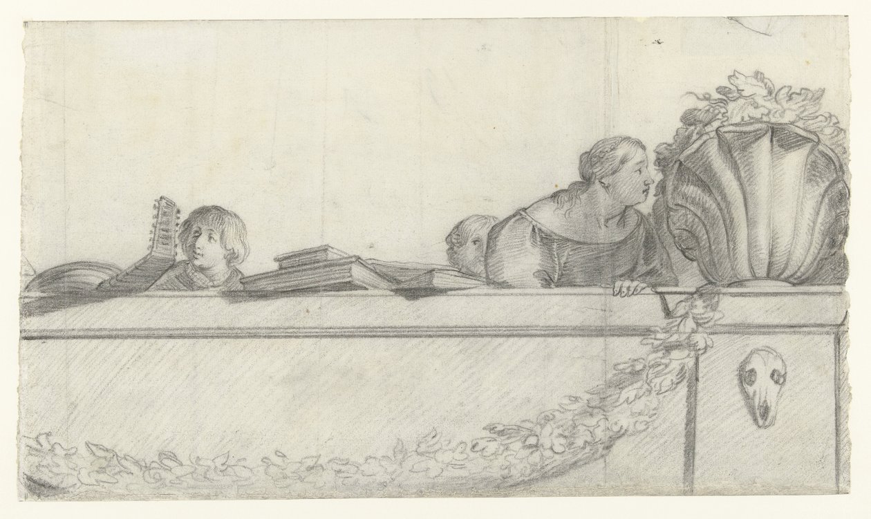 Pessoas em uma balaustrada com festões Desenhos para pinturas murais no Castelo de Honselaersdijk (título da série) de Cornelis Holsteyn
