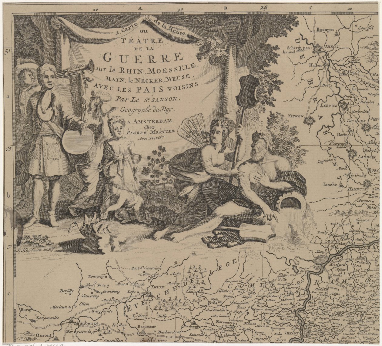 Mapa da região leste e sul de Bruxelas e do condado de Namur (página superior esquerda)
Carte de la Meuse ou Téâtre de la Guerre sur le Rhein, Moessele, Mayn, le Necker, Meuse avec les pais voisins (título sobre o objecto) de Cornelis Huyberts