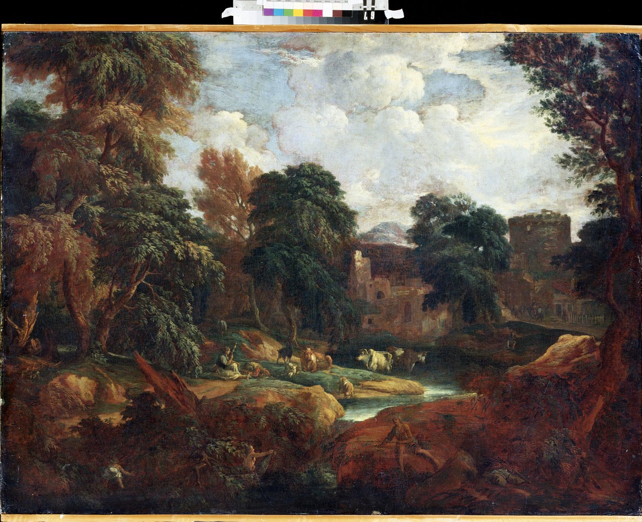 ""Vale na Flandres no verão com rebanho de vacas perto de um rio"" Pintura de Constantinus Cornelis Huysmans (1648-1727) Museu de Arte Mikhail Kroshitsky, Sevastopol (Sevastopol) Ucrânia de Cornelis Huysmans